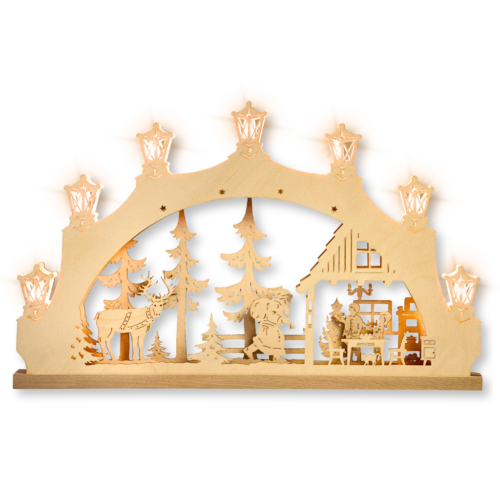 Schwibbogen aus dem Erzgebirge. Motiv: Weihnachtsmann kommt aus dem Wald zu den Kindern ins Haus