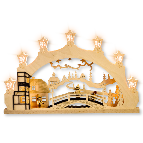 Schwibbogen aus dem Erzgebirge- Motiv Altstadt mit gedrechselten Winterkindern.
