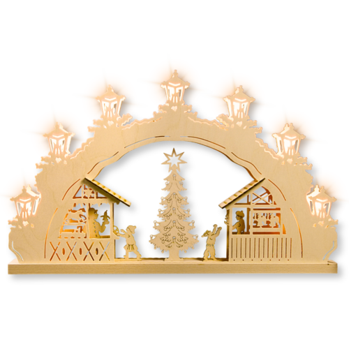 Schwibbogen aus dem Erzgebirge mit Weihnachtsmarkt Motiv. 7 flammig.
