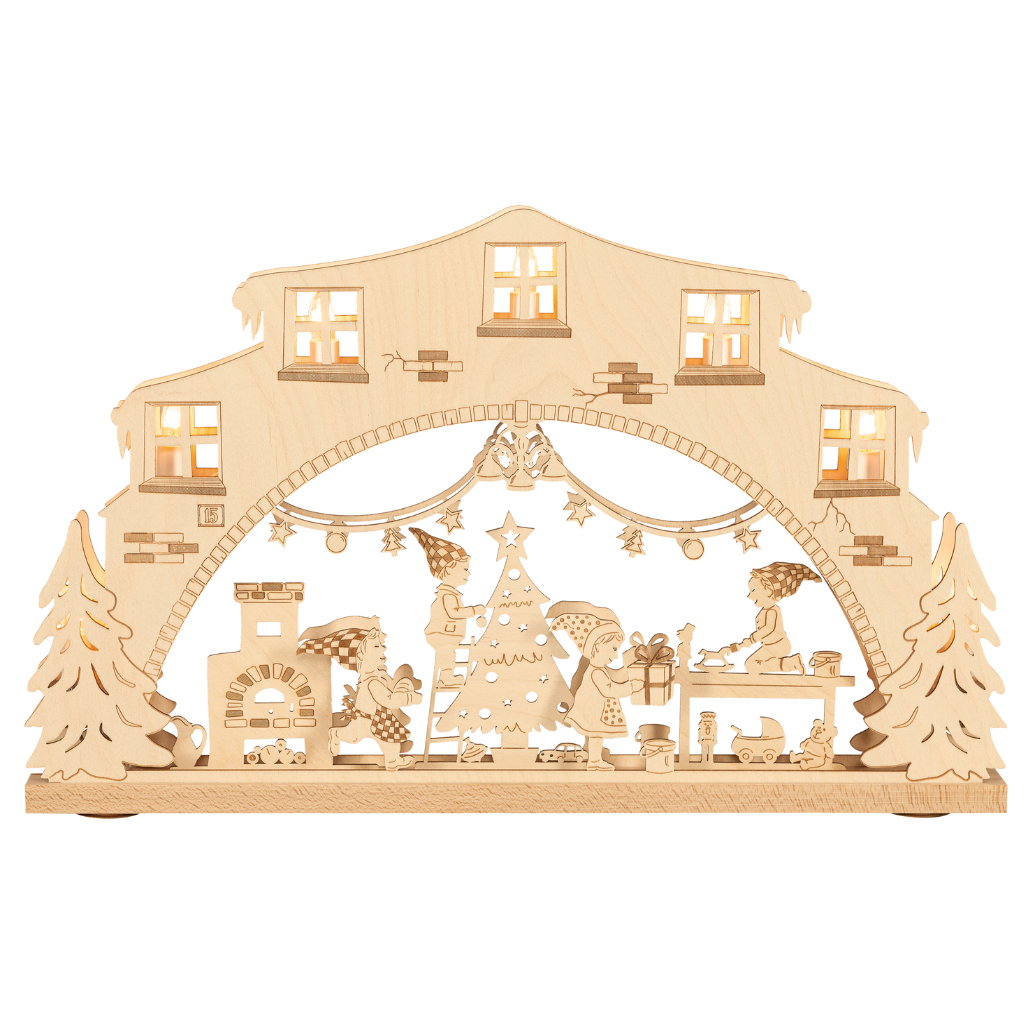 SB7WW Schwibbogen Wichtelwerkstatt Schwibbogen Wichtelwerkstatt aus Sperrholz aus dem Erzgebirge. Emsige Wichtel basteln an Weihnachtsgeschenken.