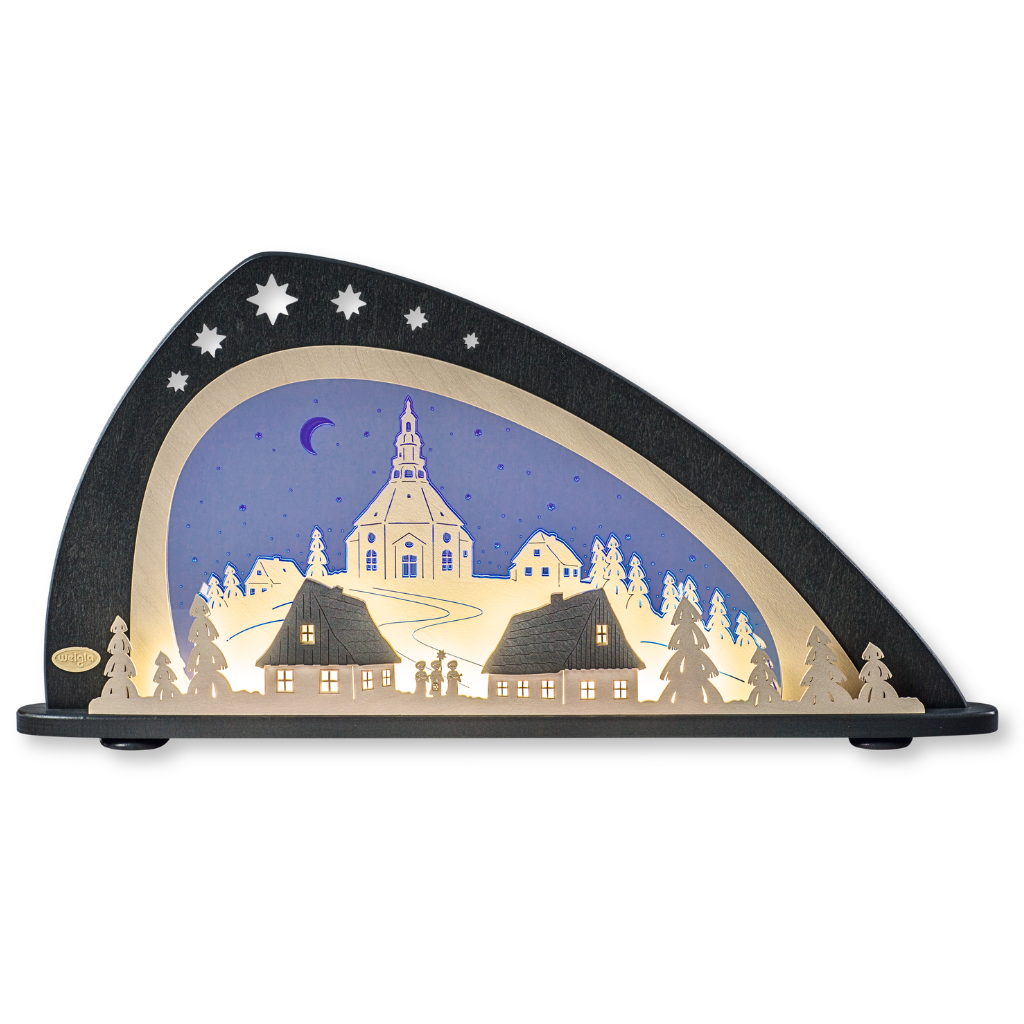 Schwibbogen LED Seiffen moderner Schwibbogen aus Acrylglas und Holz. Motiv Seiffener Kirche. Hergestellt im Erzgebirge