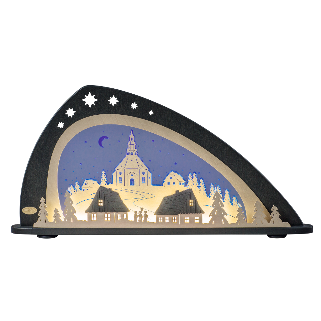 SBL2S Schwibbogen Seiffen LED Moderner LED Schwibbogen aus Holz und Acrylglas in Blau Grau Weiß gehalten. asymmetrische Form Motiv Seiffener Kirche. Hergestellt im Erzgebirge