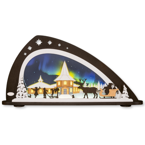Moderner Schwibbogen aus Holz und Acrylglas. Motiv Polarlichter und der Weihnachtsmann auf Schlitten. Hergestellt im Erzgebirge
