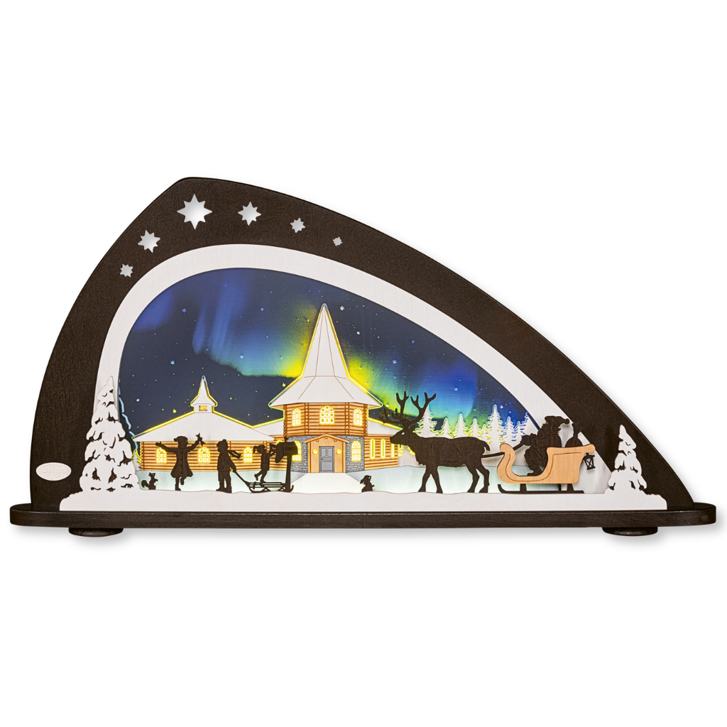 Moderner Schwibbogen aus Holz und Acrylglas. Motiv Polarlichter und der Weihnachtsmann auf Schlitten. Hergestellt im Erzgebirge