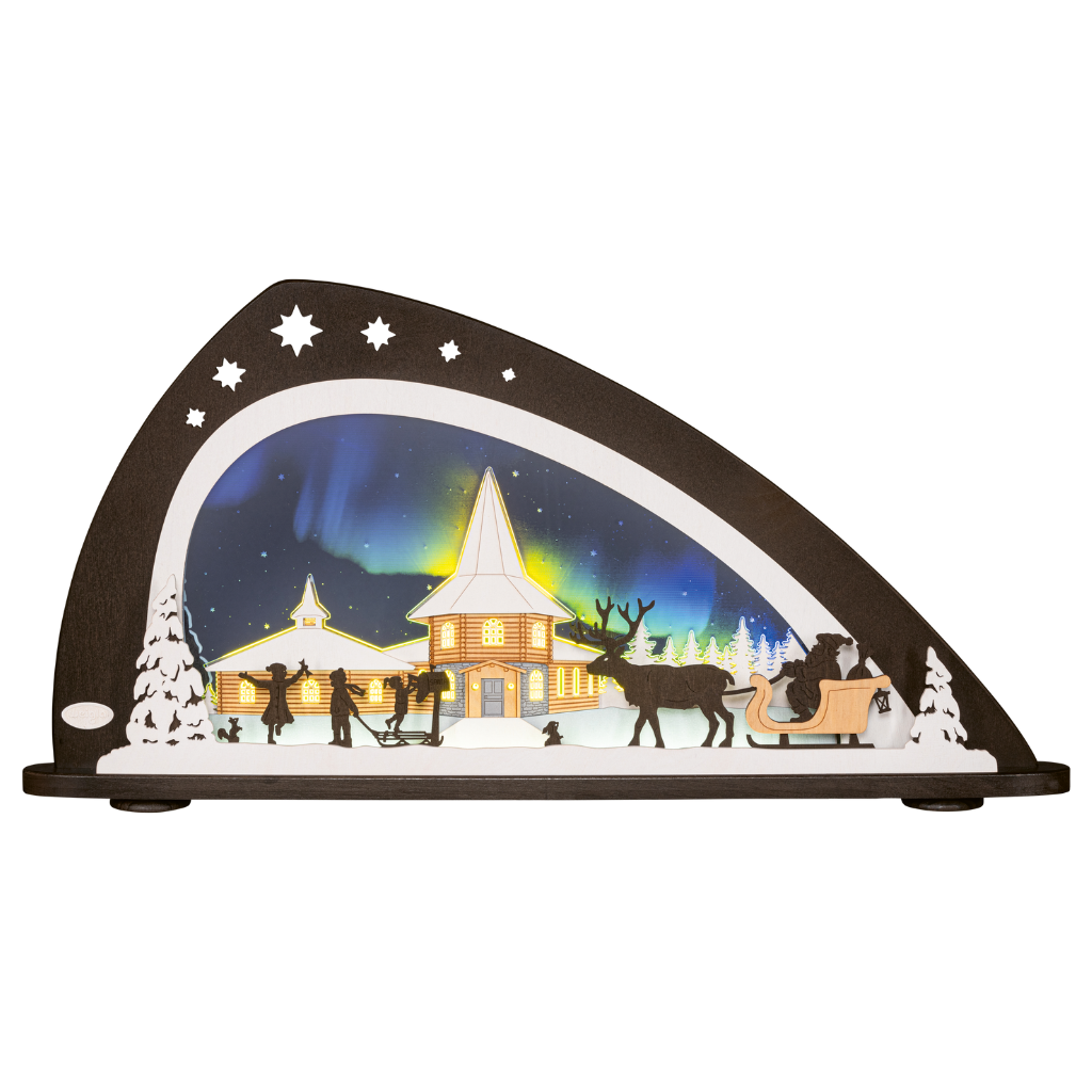 SBL2WUP Schwibbogen Weihnachten unterm Polarlicht Schwibbogen modern mit Holz und Acrylglas in asymmetrischer Außenform. Motiv sind die Polarlichter am Nordpol beim Weihnachtsmann. Hergestellt im Erzgebirge