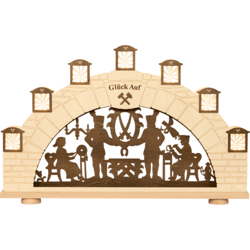 Schwibbogen XL traditionelles Motiv Erzgebirge in Braun natur