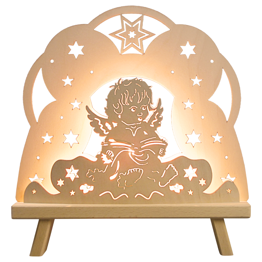 Dekoleuchte aus Holz. Motiv: Ein Engel sitzt auf einer Wolke. Hergestellt im Erzgebirge