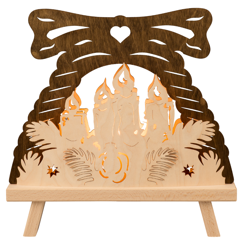 Standleuchte Kerze Dekoleuchte aus Holz. Motiv 4 Adventskerzen in Natur Braun gehalten. Hergestellt im Erzgebirge