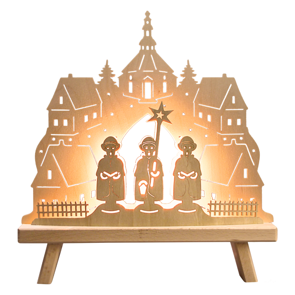 Standleuchte Kurrendesänger Dekoleuchte aus Holz mit dem Motiv der berühmten Seiffener Kurrende. Im Hintergrund die Seiffener Kirche. Hergestellt im Erzgebirge