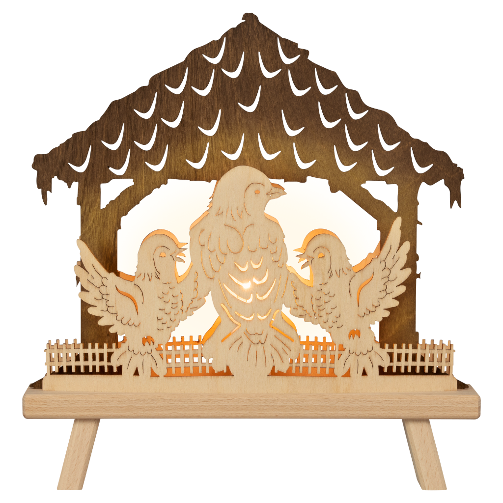 Dekoleuchte aus Holz mit dem Motive Vogel an einem Vogelhaus. Hergestellt im Erzgebirge