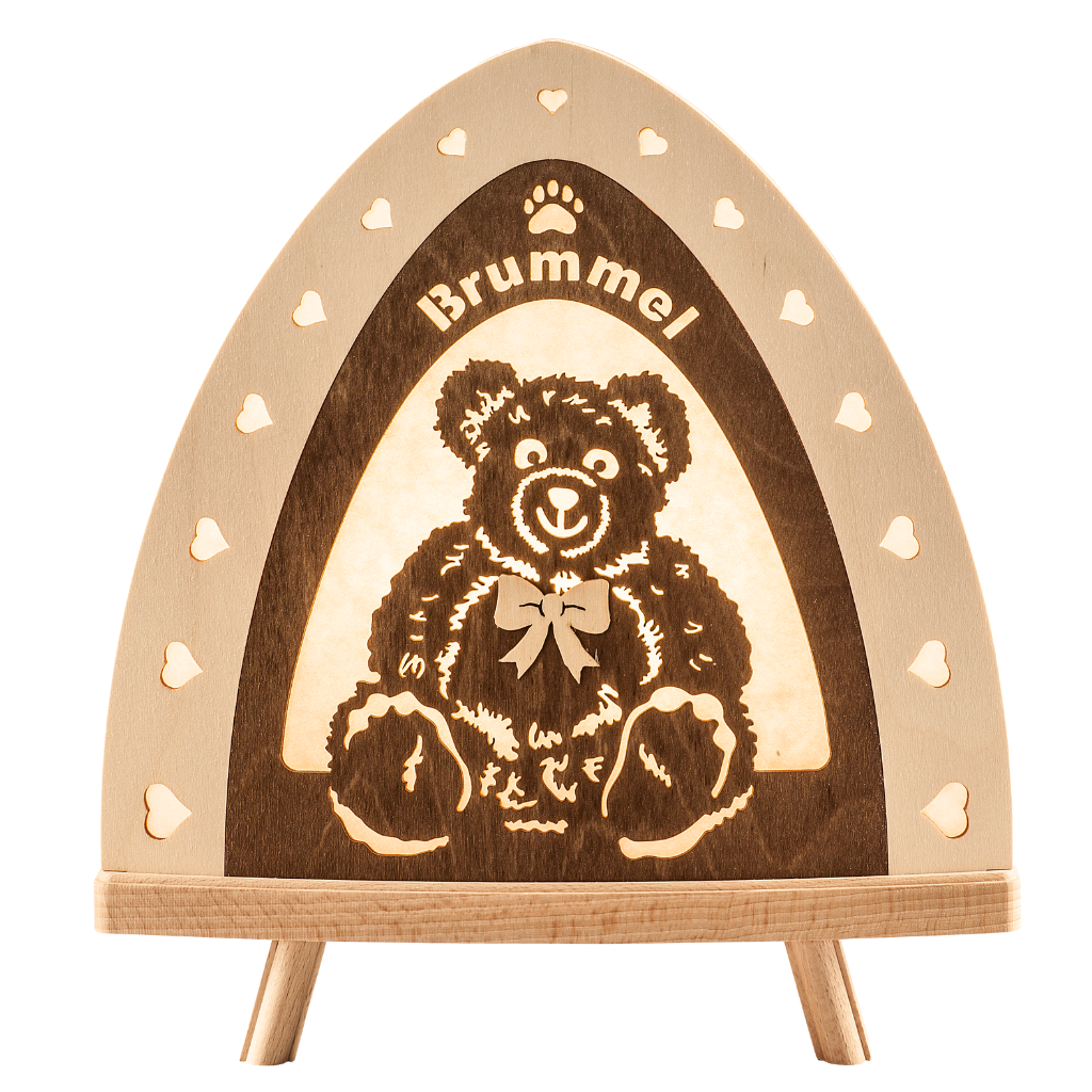 Standleuchte Brummel Dekoleuchte aus Holz in Natur und Braun gehalten. Beidseitiges Motiv mit einem Teddybär. Hergestellt im Erzgebirge.