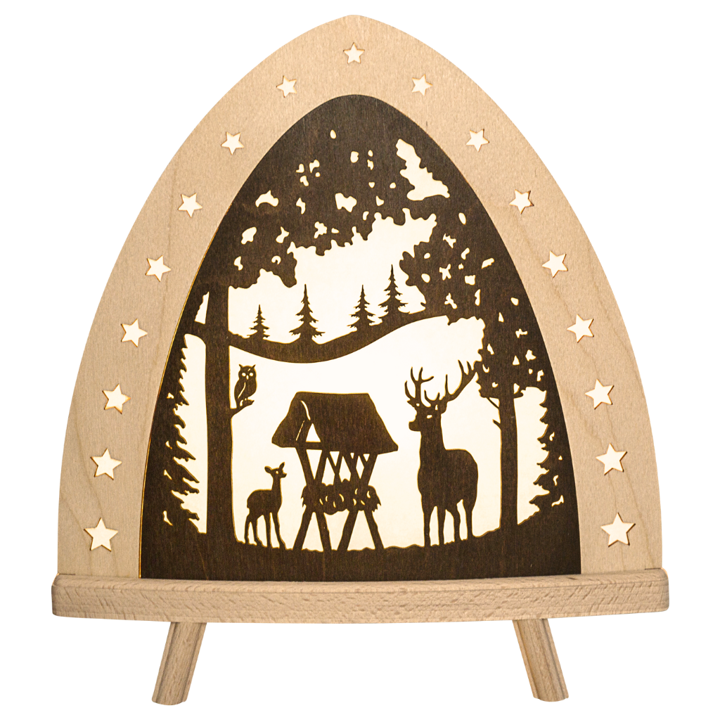 Dekoleuchte aus Holz in Natur und Braun gehalten. Motiv Hirsch mit Futterkrippe. beidseitiges Motiv. Hergestellt im Erzgebirge