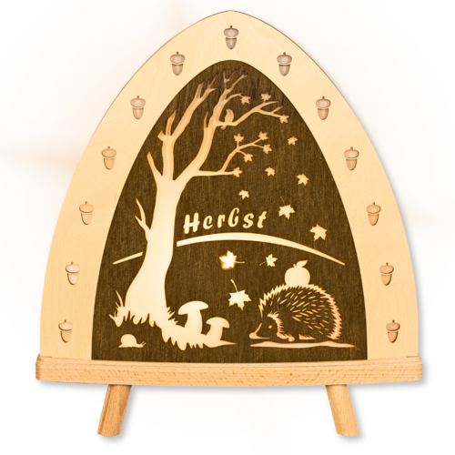 Dekolicht aus Holz mit Herbstmotiv in Natur u8nd Braun gehalten. Beidseitiges Motiv. Hergestellt im Erzgebirge