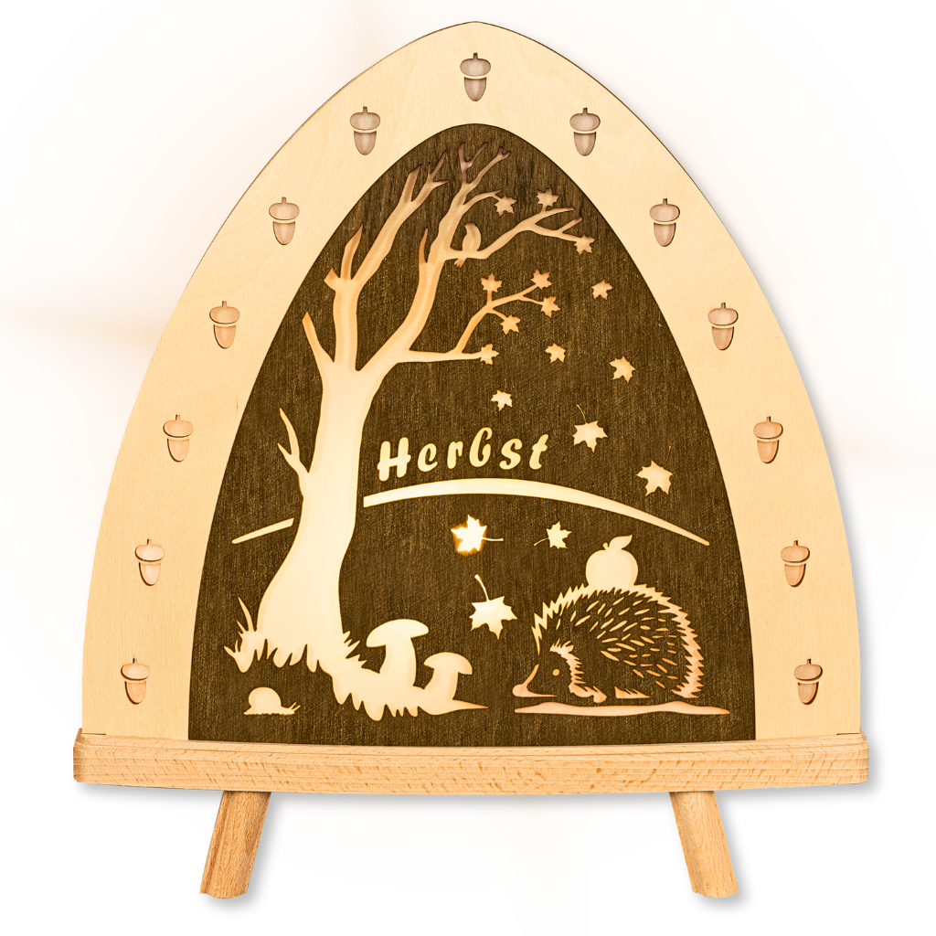 Floor lamp autumn Decorative wooden light with an autumn motif in natural and brown tones. Motif on both sides. Made in the Ore Mountains.