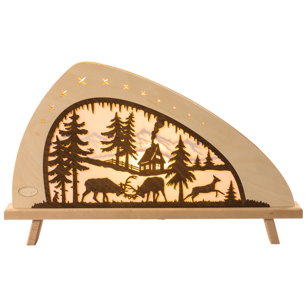 Standleuchte Rotwild Dekoleuchte aus Holz in Braun und Natur gehalten. Beidseitiges Motiv. Motiv Hirsche im Wald. Hergestellt im Erzgebirge