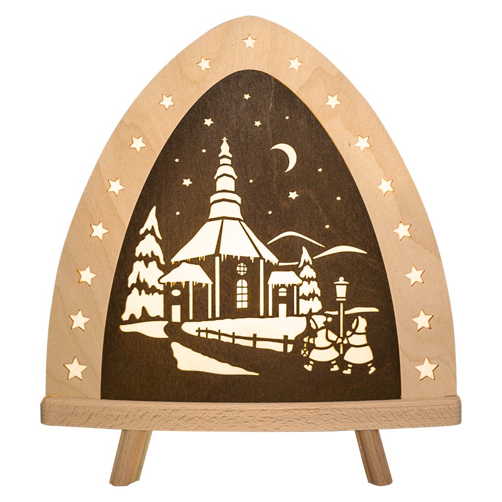 Standleuchte Seiffen Dekoleuchte aus Holz in Braun und Naturtönen. Motiv der Seiffener Kirche, beidseitig. Hergestellt im Erzgebirge