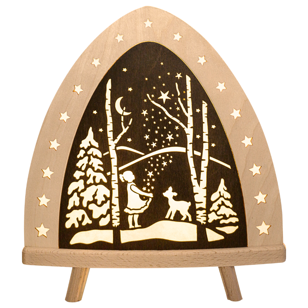 Dekoleuchte aus Holz in Natur und Braun gehalten. Motiv Sterntaler beidseitig. Hergestellt im Erzgebirge