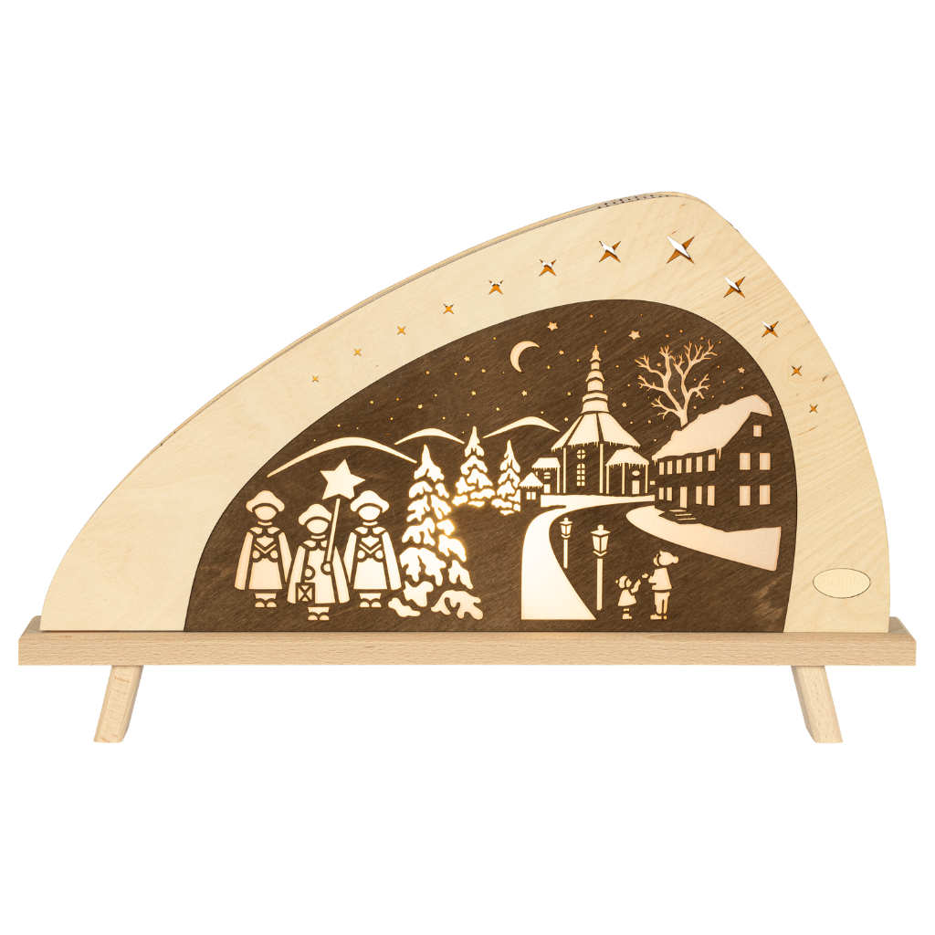 Standleuchte Weihnachten in Seiffen Dekoleuchte aus Holz in Braun und Natur gehalten. Beidseitiges Motiv mit der Seiffener Kirche und den Kurrendesängern. Hergestellt im Erzgebirge