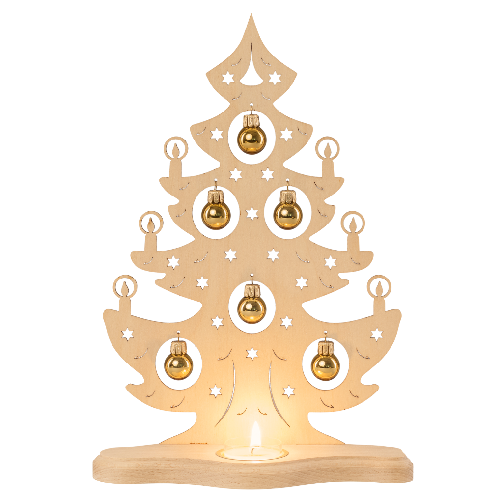 Teelichthalter aus Holz für ein Teelicht. Motiv ist ein Tannenbaum mit goldenen Kugeln. Hergestellt im Erzgebirge