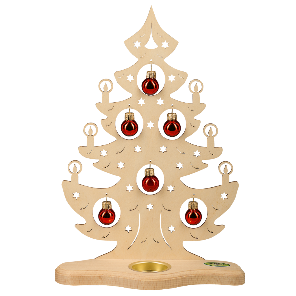 Teelichthalter Baum mit roten Kugeln Teelichthalter aus Holz für ein Teelicht. Motiv ist ein Tannenbaum mit roten Kugeln. Hergestellt im Erzgebirge