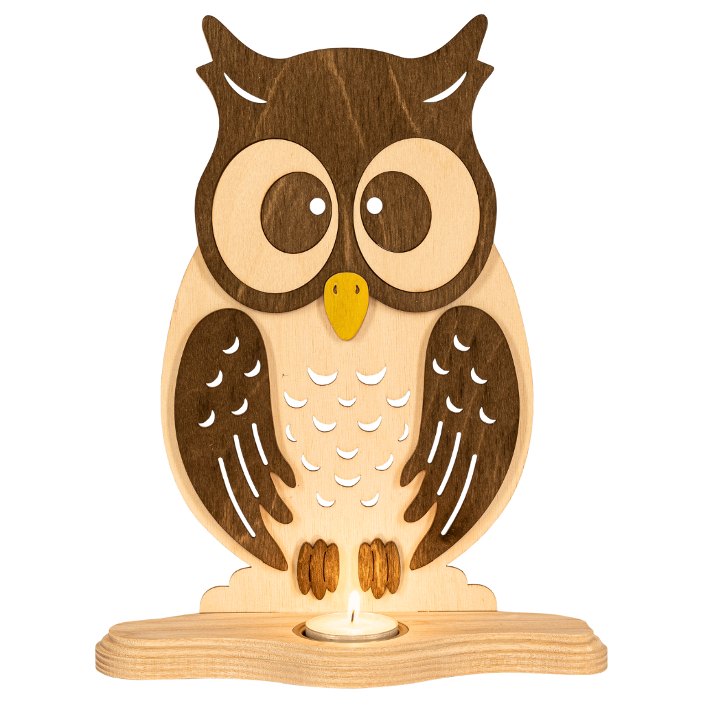 Teelichthalter Eule Teelichthalter aus Holz in Natur und Braun. Figur Eule. Hergestellt im Erzgebirge.