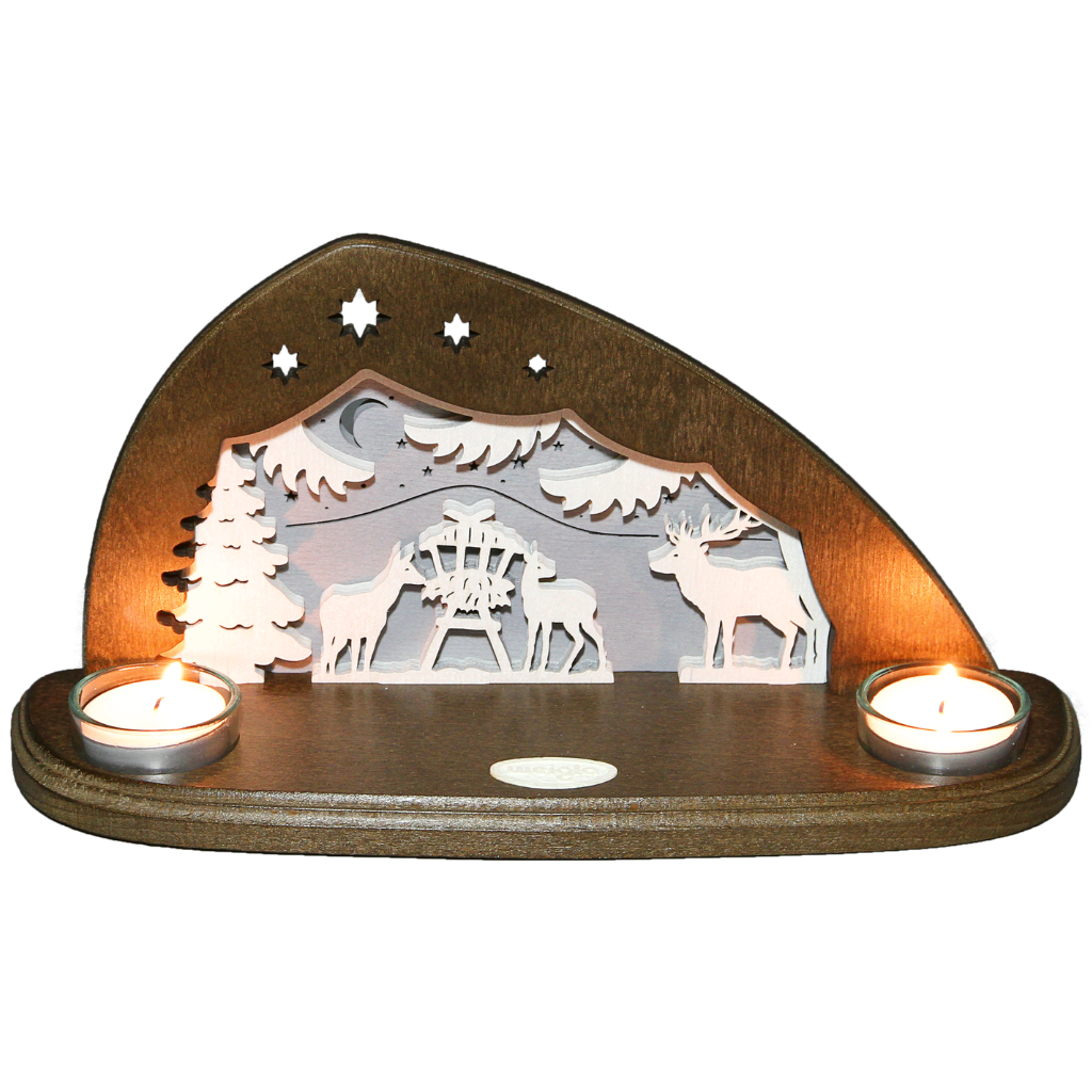 Teelichthalter Waldtiere Teelichthalter aus Holz in den Farben Braun weiß gehalten. Schönes Waldmotiv mit Rehen welche gerade an der Futterkrippe fressen. Hergestellt im Erzgebirge.