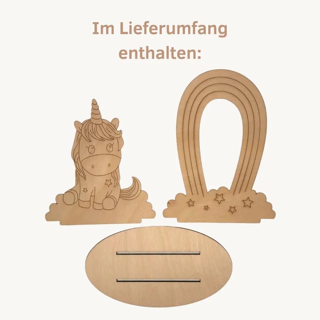 Einhorn mit Regenbogen Bastelset Lieferumumfang 3 teiliges Bastelset Einhorn mit Regenbogen aus Naturholz zum selber bemalen