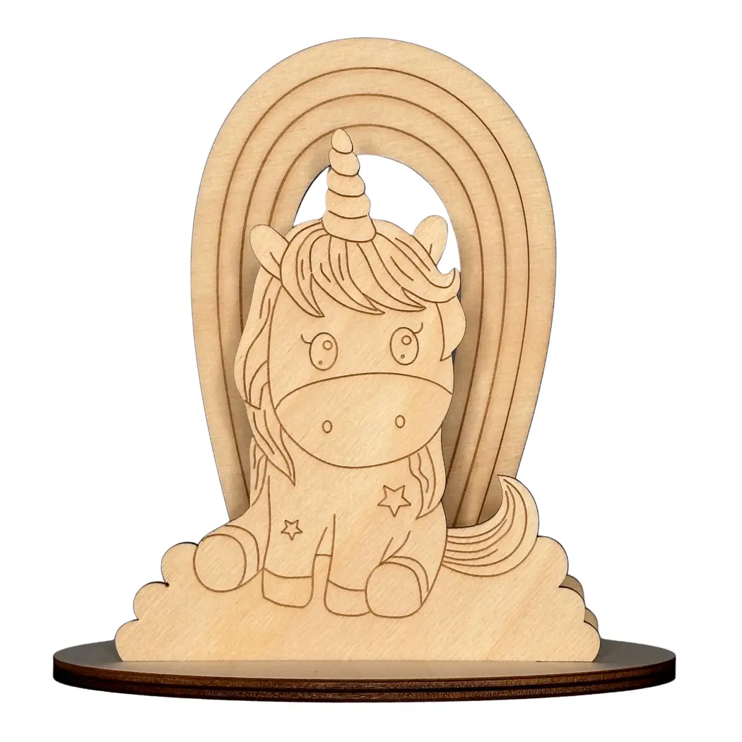 Bastelset Einhorn mit Regenbogen Bastelset Bastelset Einhorn mit REgenbogen auf einem Holzsockel aus Naturholz zum selber anmalen