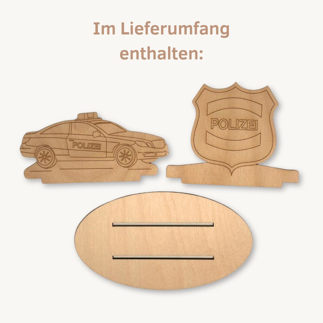BS3POA Polizeiauto mit Abzeichen Bastelset Lieferumfang