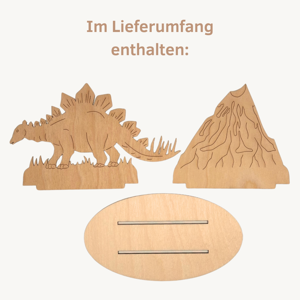 BS3SGV Stegosaurus mit Vulkan Bastelset Lieferumfang
