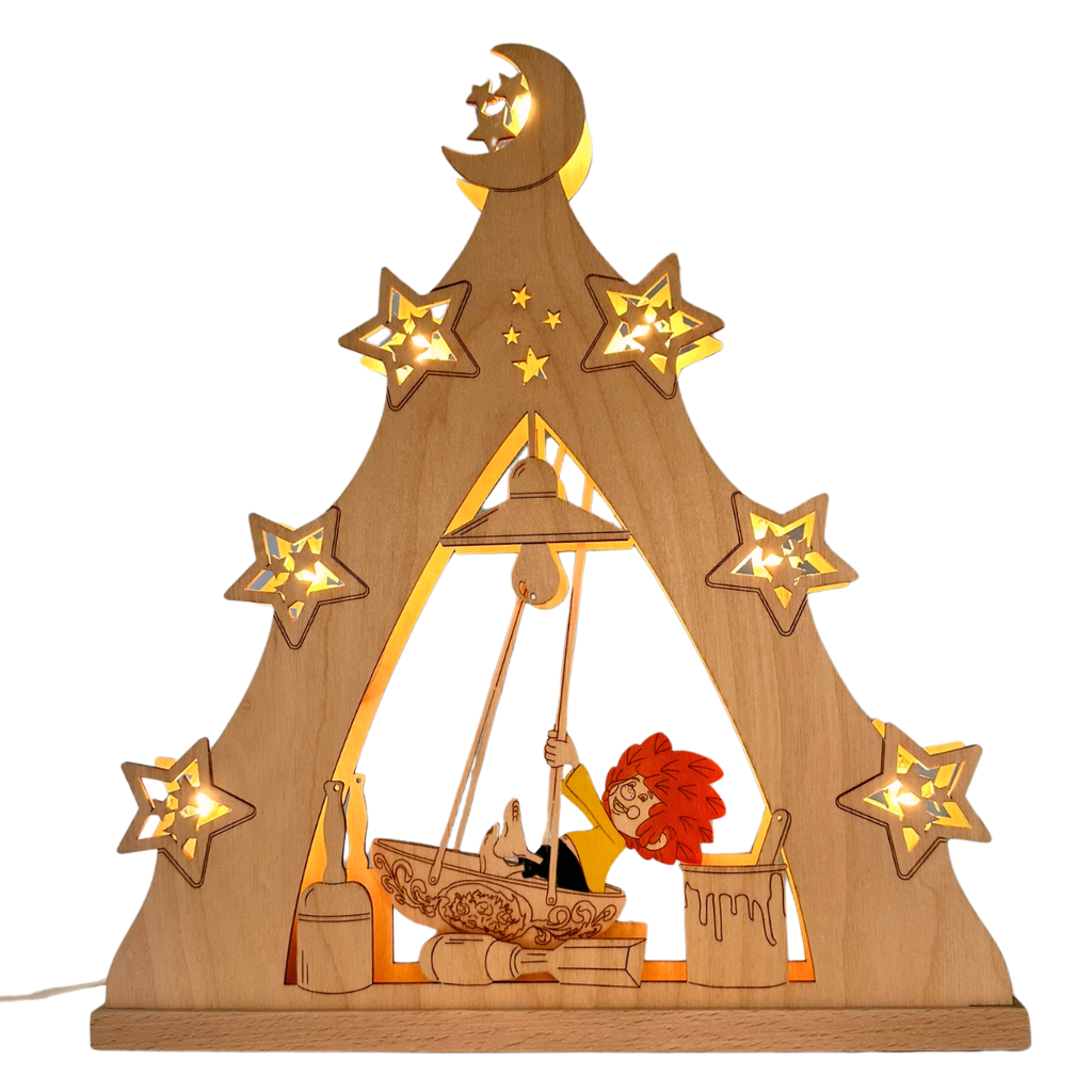 LS7PMS-LED Lichterspitze Pumuckl in Schiffsschaukel Lichterspitze Pumuckl schaukelt in seiner Schiffsschaukel. Hergestellt im Erzgebirge