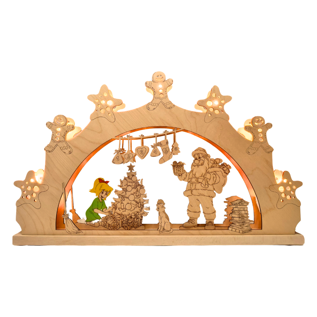 Schwibbogen Bibi Blocksberg mit Weihnachtsmann und Tannenbaum. Hergestellt im Erzgebirge