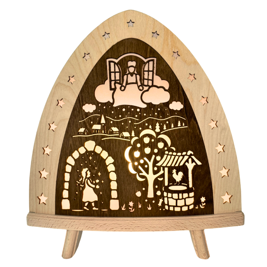 Dekoleuchte aus Holz in Natur Braun gehalten mit dem Motiv Frau Holle beidseitig. Hergestellt im Erzgebirge