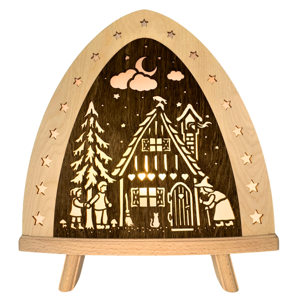 Dekoleuchte aus Holz in Natur und Braun gehalten. Motiv Hänsel und Gretel beidseitig. Hergestellt im Erzgebirge