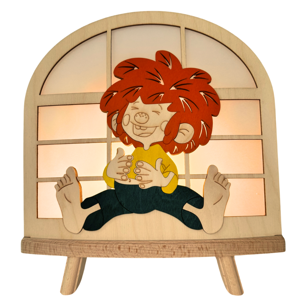Standleuchte Pumuckl Dekoleuchte aus Holz und Papier. Motiv Pumuckl lacht im sitzen. beidseitiges Motiv. Hergestellt im Erzgebirge