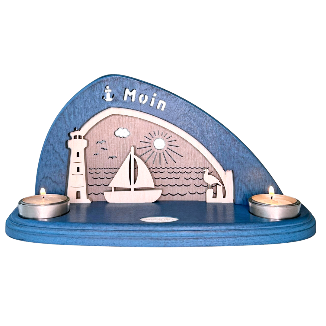 Teelichthalter aus Holz für 2 Teelichte in blau weiß gehalten. Maritimes Motiv. Schiff und Leuchtturm