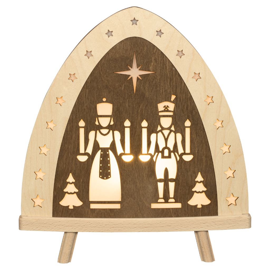 Standleuchte Engel und Bergmann Dekoleuchte aus Holz in Natur und Braun gehalten. Motiv beidseitig mit Engel und Bergmann. Hergestellt im Erzgebirge