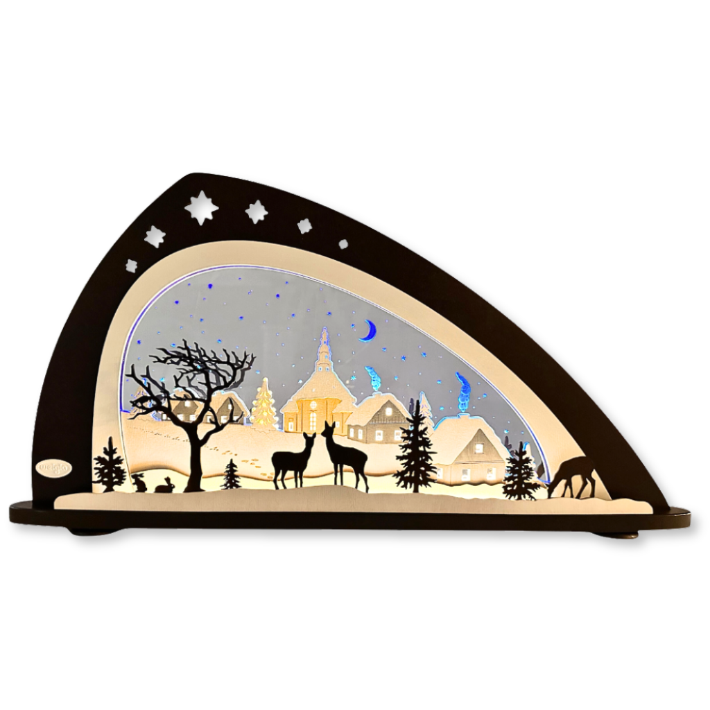 moderner LED Schwibbogen aus blauen Acrylglas und weiß braunen Holz. Motiv Seiffener Kirche. Hergestellt im Erzgebirge.