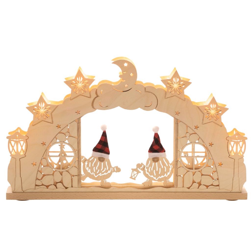 LED Schwibbogen Wichtel 7 flg. Schwibbogen mit 2 Wichteln in der Mitte. Beide tragen eine rote Zipfelmütze bis über die Augen. Dafür sticht die Knollennase heraus, welche aus Halbkugeln besteht. Hergestellt im Erzgebirge.