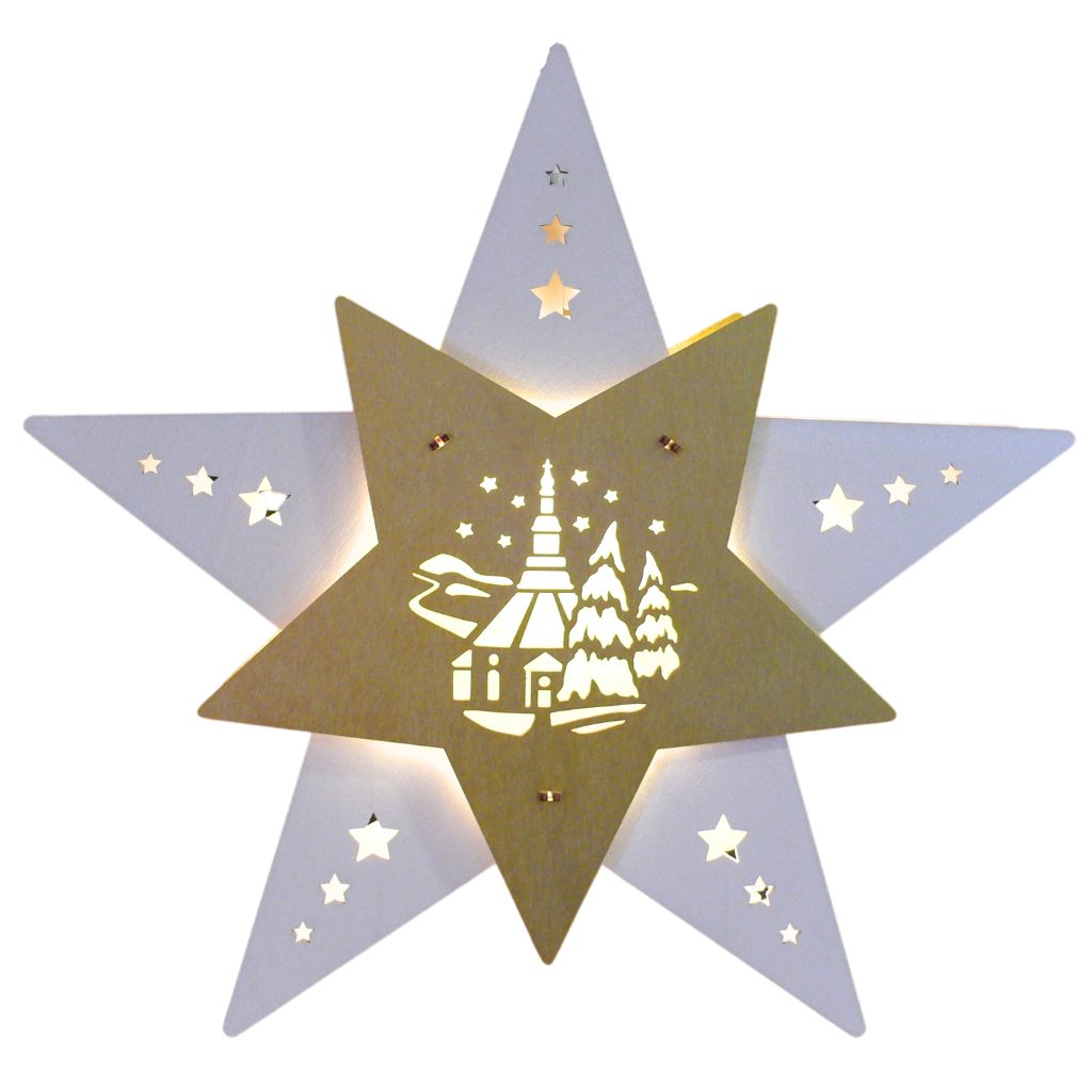 Fensterbild beleuchtet aus Holz Stern in Weiß und Gold gehalten. Als Bild befindet sich das Motiv Seiffener Kirche darauf, welches indirekt beleuchtet wird. Vorder- und Rückseite gleich.