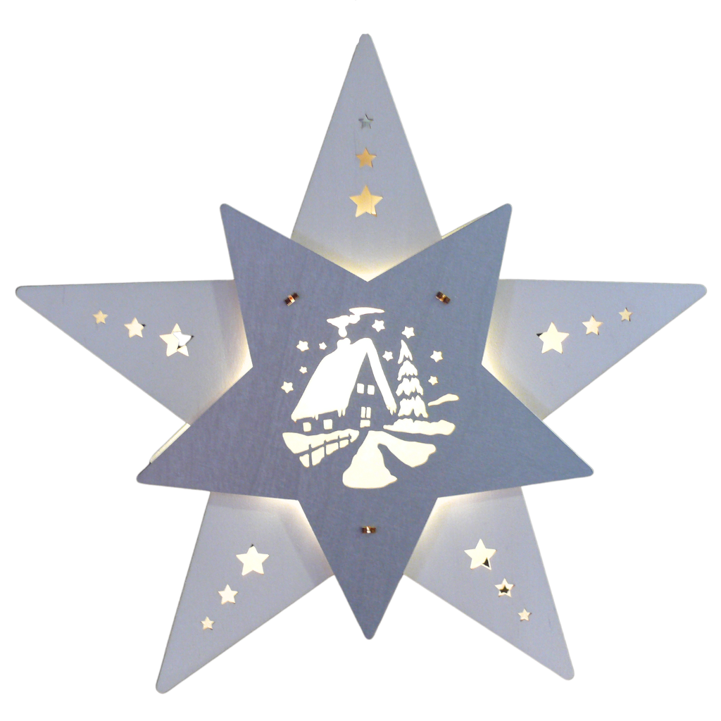 Fensterbild beleuchtet aus Holz Stern in Weiß und Silber gehalten. Als Bild befindet sich das Motiv Waldhütte darauf, welches indirekt beleuchtet wird. Vorder- und Rückseite gleich.