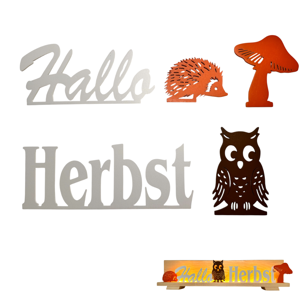Figurenset 5 teilig Herbst aus Sperrholz für Dekosockel von weigla. Hergestellt im Erzgebirge. Schriftzug "Hallo Herbst" eine Eule einen Pilz und einen Igel.