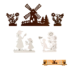 Figurenset besteht aus 5 einzelnen Motiven, Windmühle, 2 x Blumen, Mutter mit Tochter, Junge. in weiß braun gehalten aus Sperrholz