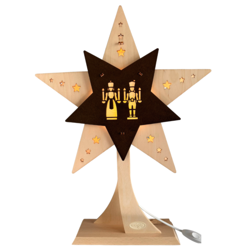Dekolicht LED Stern auf einem St&auml;nder aus Holz. In Natur und braun gehalten. Motiv beidseitig gleich mit Engel und Bergmann. Hergestellt im ERzgebirge.