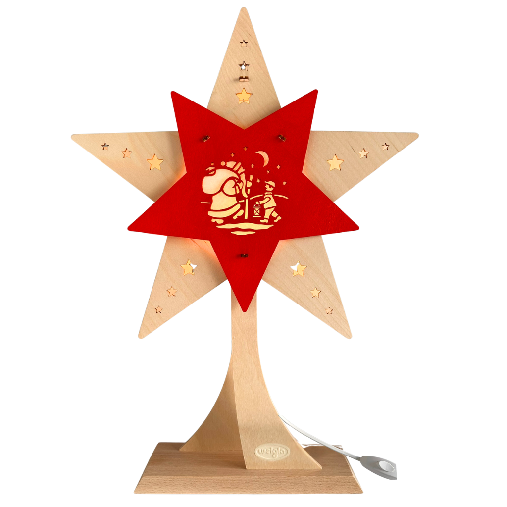 Dekolicht Stern Knecht Ruprecht LED mit Ständer Dekolicht Stern LED mit Ständer. Beidsetigies Motiv mit Weihnachtsmann und einem Kind. In Natur rot gehalten. Hergestellt im Erzgebirge.