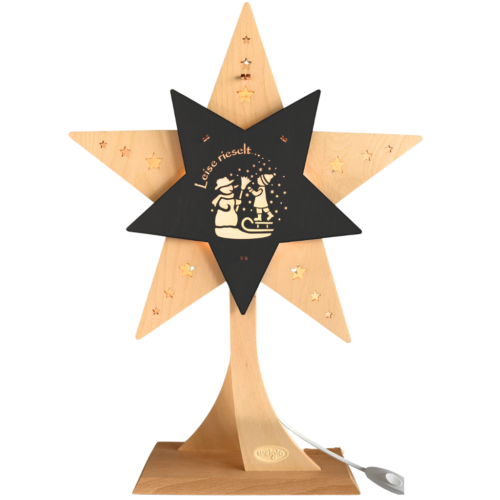 Dekostern LED aus Holz in Natur und Grau. Beidseitiges Motiv mit Kind baut einen Schneemann und Schriftzug "Leise rieselt...". Hergestellt im Erzgebirge.