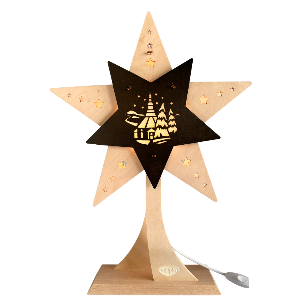 Dekolicht Stern Seiffener Kirche LED mit Ständer Dekolicht LED Stern auf einem Ständer aus Holz gefertigt in NAtur und Braun gehalten. In dem Braunen Stern befindet sich das Motiv der Seiffener Kirche, beidseitig. Hergestellt im Erzgebirge