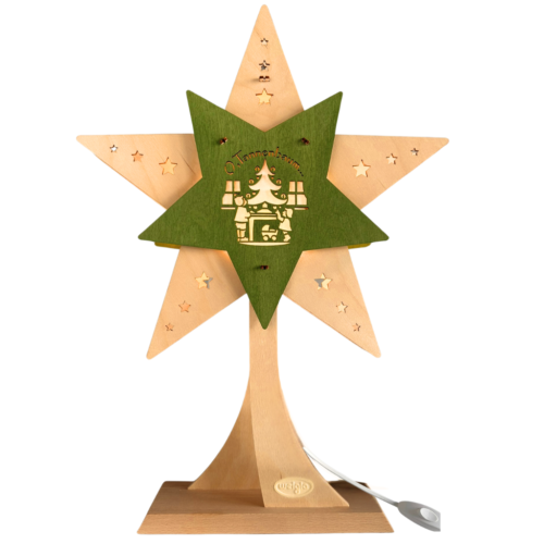 Dekolicht LED Stern mit St&auml;nder in Natur und Gr&uuml;n gehalten . Beidseitiges Motiv mit Kinder schm&uuml;cken Tannebaum und dem Schriftzug "Oh Tannenbaum...". Hergestellt im Erzgebirge.