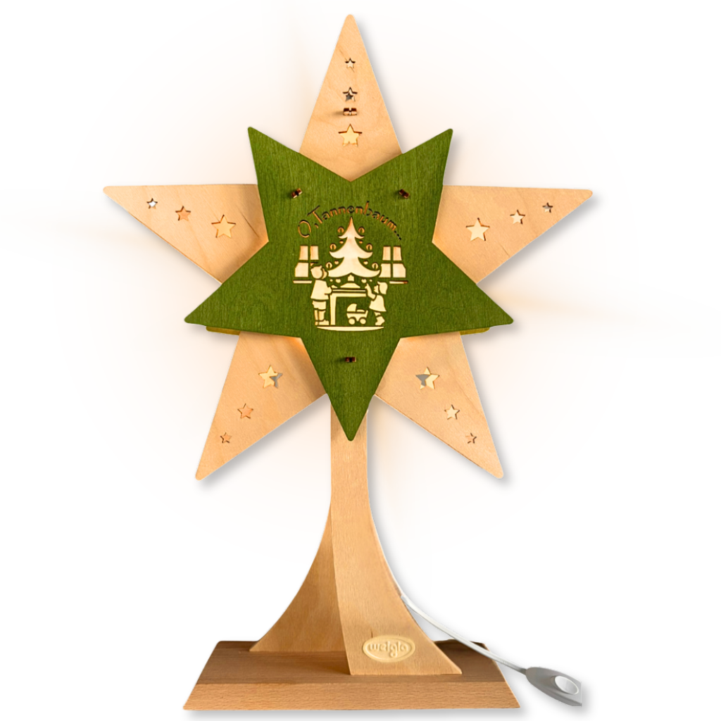 Dekolicht Stern Oh Tannenbaum mit Ständer LED LED Dekolicht Stern auf Ständer in Natur Grün gehalten. Motiv Tannenbaum. Hergestellt im ERzgebirge