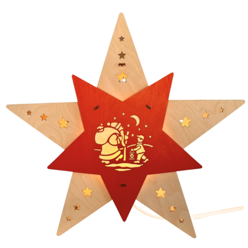 LED Stern aus Holz in Natur und rot gehalten. zum hin stellen. Vorder und R&uuml;ckseite sind gleich mit dem Motiv Weihnachtsmann. Hergestellt im Erzgebirge